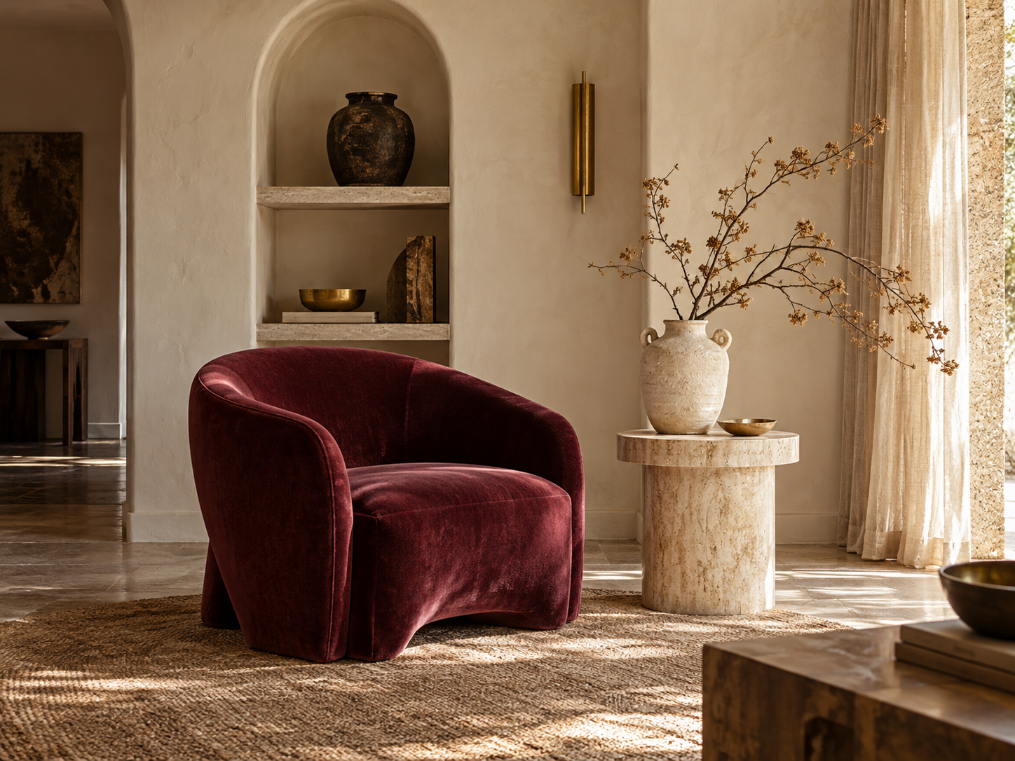 Burgundy chair and ivory architectural interior