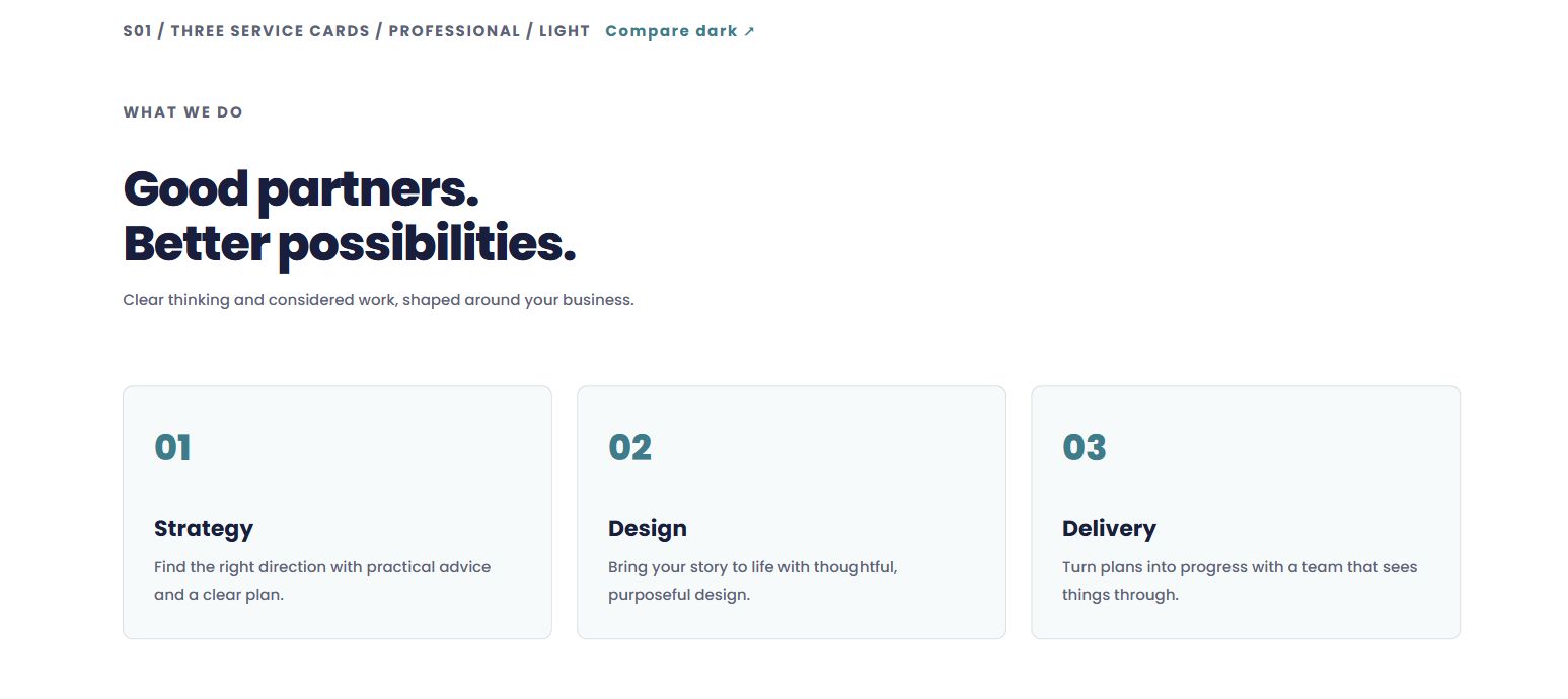 Three service cards — actual light design preview
