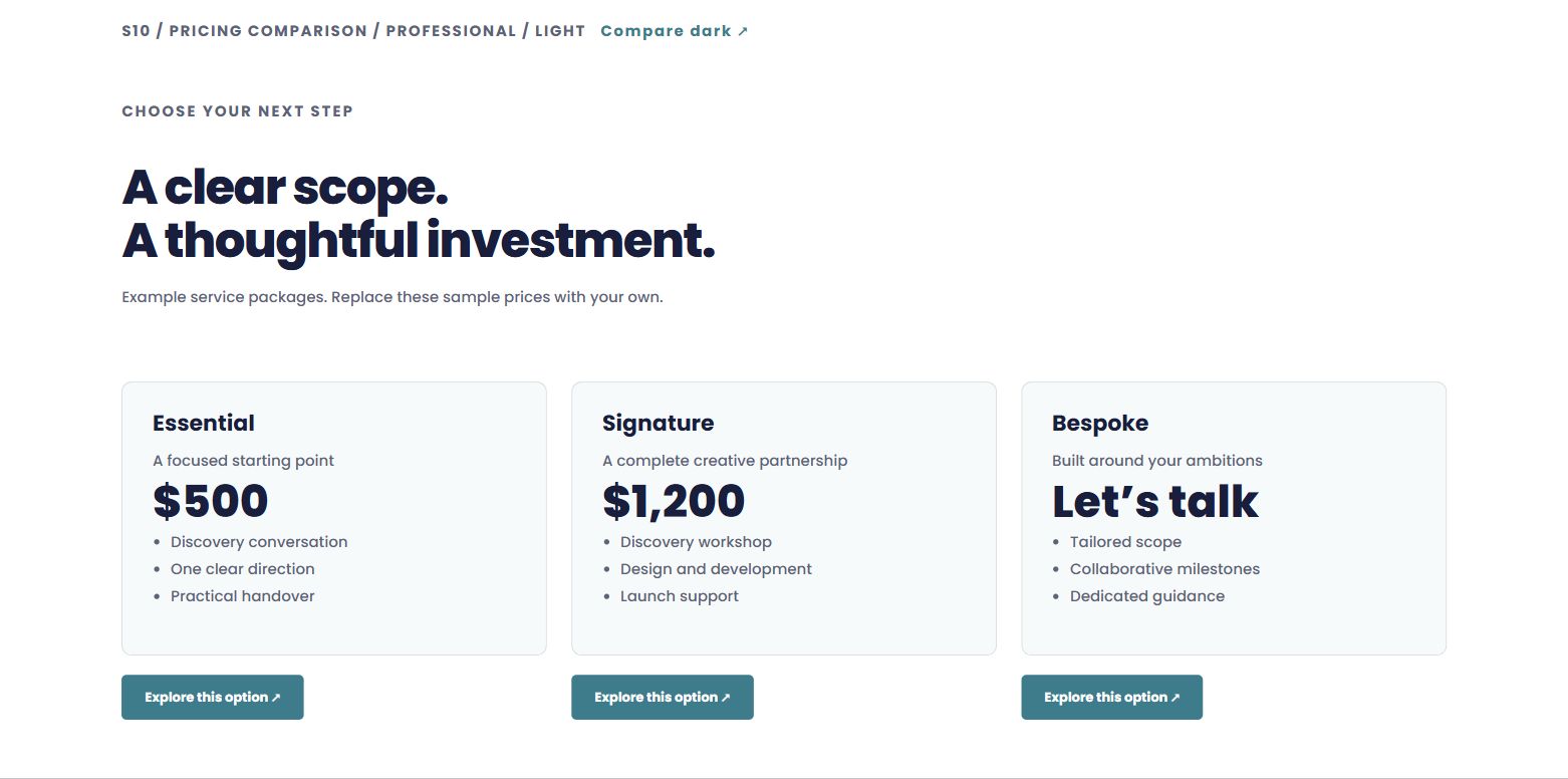 Pricing comparison — actual light design preview