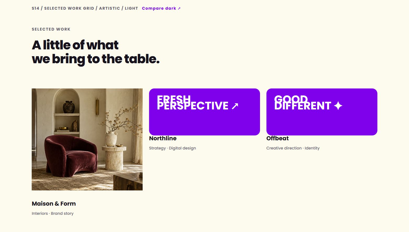 Selected work grid — actual light design preview