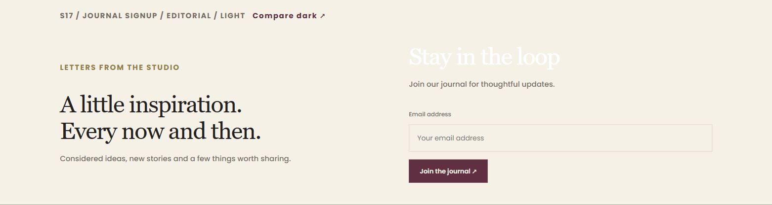 Journal signup — actual light design preview
