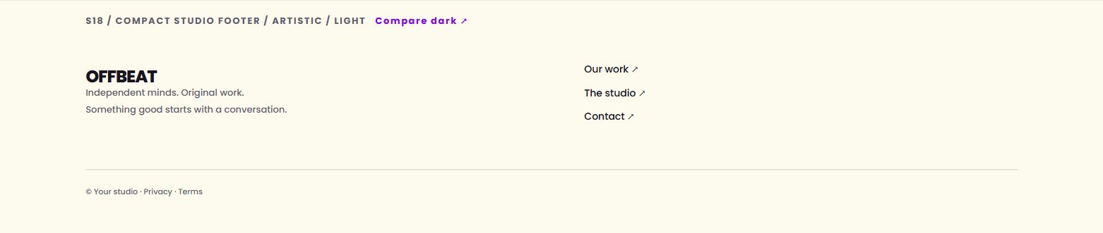 Compact studio footer — actual light design preview