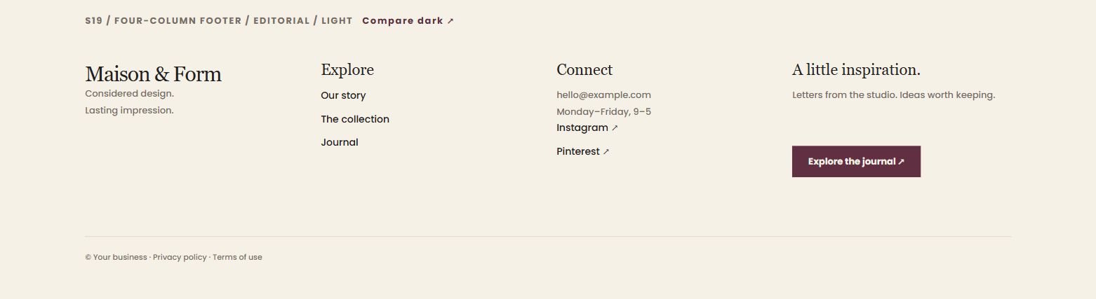 Four-column footer — actual light design preview