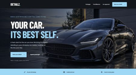 Detailz — actual Divi 5 auto detailing page with graphite sports car and ice-blue typography
