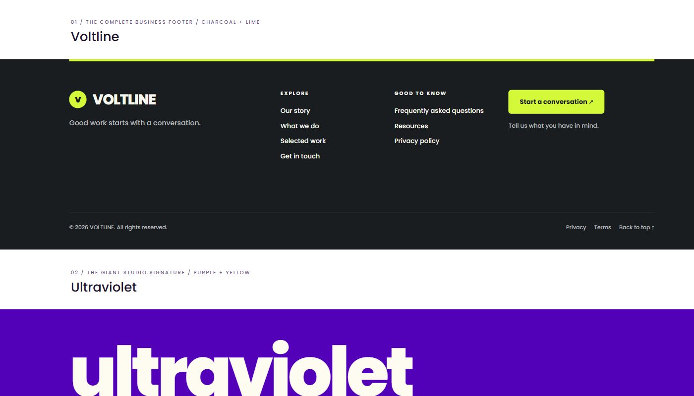Footerz Pack #1 Divi 5 footer previews in charcoal and lime, and purple and yellow