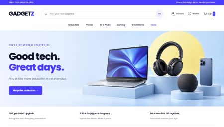 Gadgetz Divi 5 electronics store homepage in cobalt blue, navy and yellow