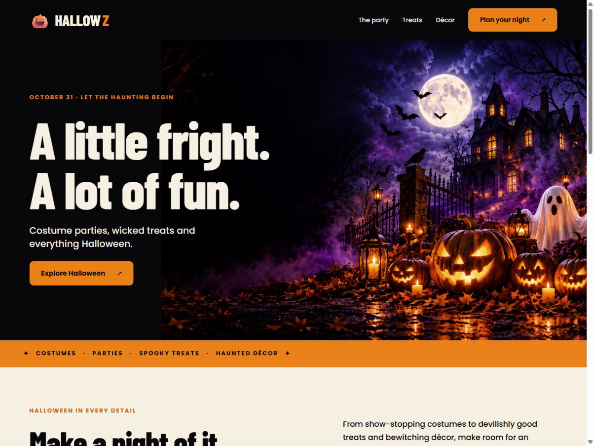 Hallowz Halloween website with glowing pumpkins and a haunted mansion
