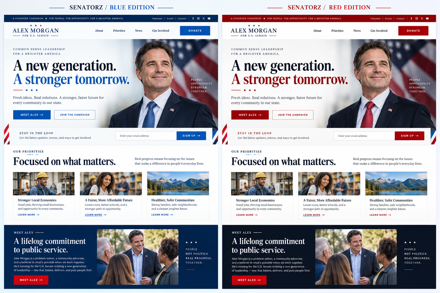 Senatorz campaign website concept in Democratic blue and Republican red editions