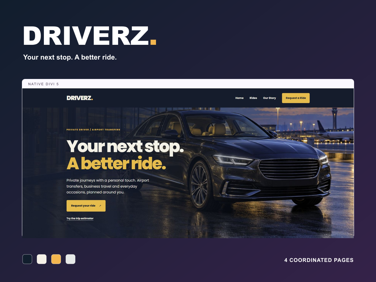 Driverz private driver and airport transfer Divi 5 layout preview, with navy, ivory and amber palette