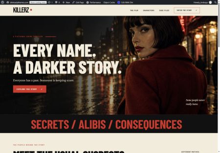 Killerz cinematic layout — actual imported Divi 5 homepage with a woman in a crimson coat