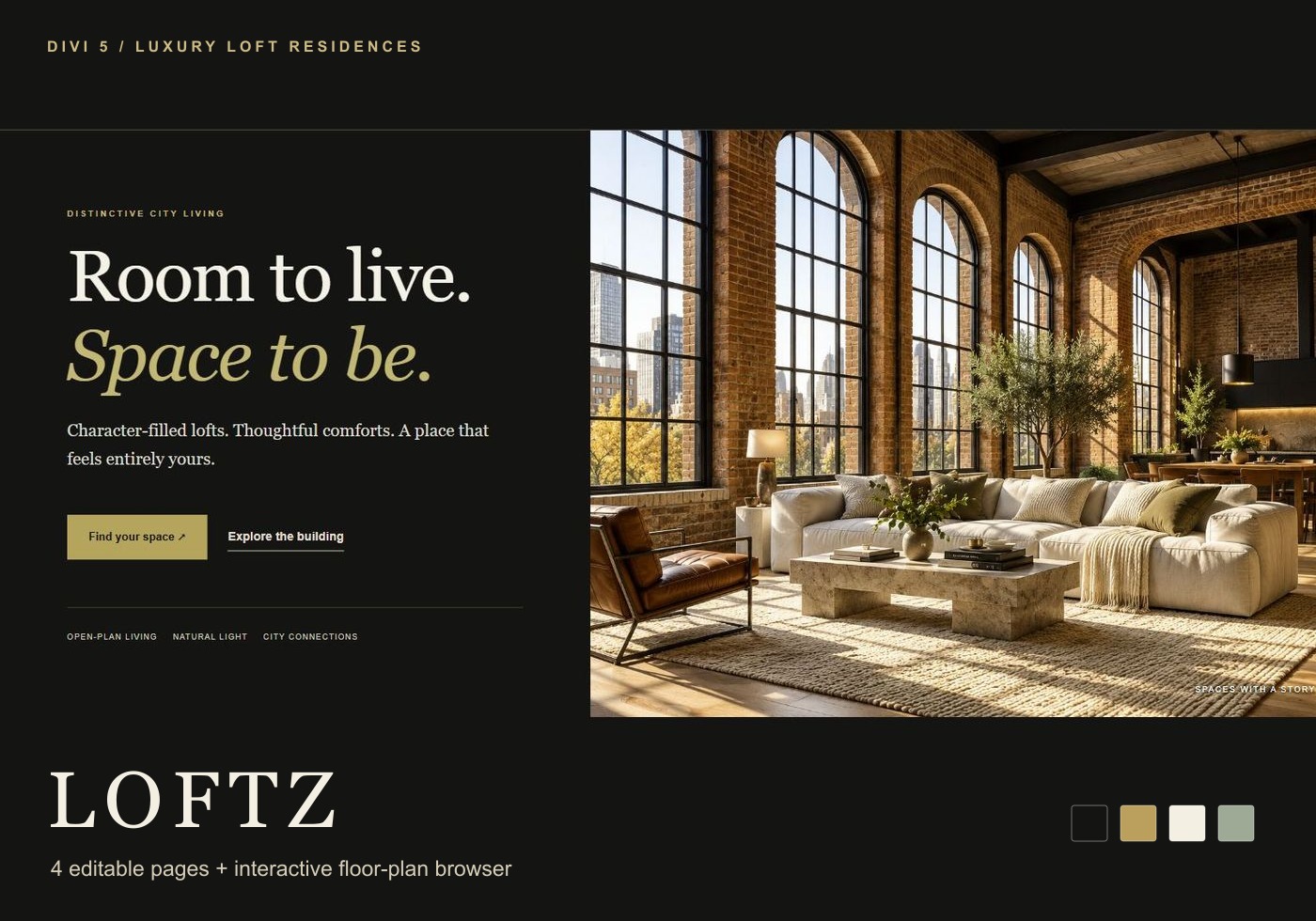 Loftz apartment and loft website — charcoal and antique gold hero, architectural interior and palette