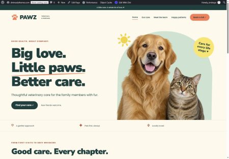 PAWZ veterinary layout — actual Divi 5 customer import showing the pet care homepage