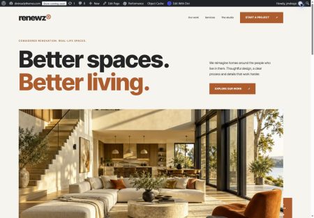 Renewz renovation and interiors layout imported into Divi 5 with warm neutral design and architectural photography
