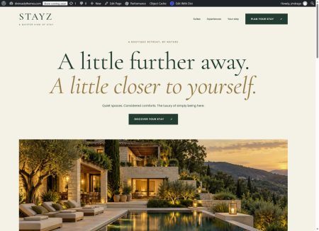 Stayz boutique hotel layout imported in Divi 5, with elegant typography and retreat photography
